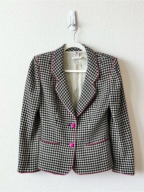 Vintage Ungaro Paris Black & White Houndstooth Blazer with Pink Trim Size Small